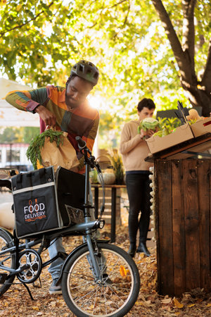 Deliveryman with thermal backpack picking up fresh produce order, working with small business owner and selling organic products. Farmers going online to sell healthy fresh bio farm veggies.の写真素材