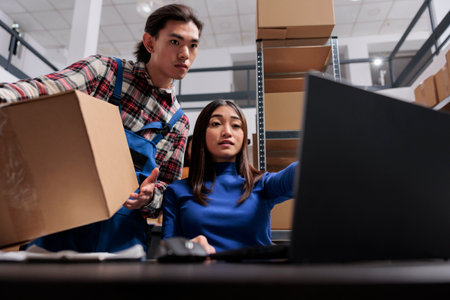 Post office warehouse asian workers preparing package for dispatching. Shipment company employees...