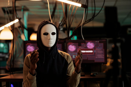 African american hacker broadcasting threat video at night, wearing anonymous mask and asking ransomware. Male spy stealing database information with trojan virus and computer malware.の写真素材