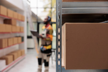 Selective focus of metallic shelves full with cardboard boxes, prepared for shipment in storehouse. African american worker wearing headphones listening music while working at merchandise logisticsの写真素材