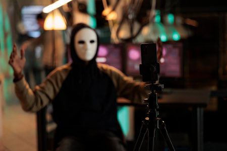 Mobile phone recording internet thief threat video, ransomware attack, anonymous threatening victim. Online scam, cyberattack, cybercrime fraud, malicious software sendingの写真素材