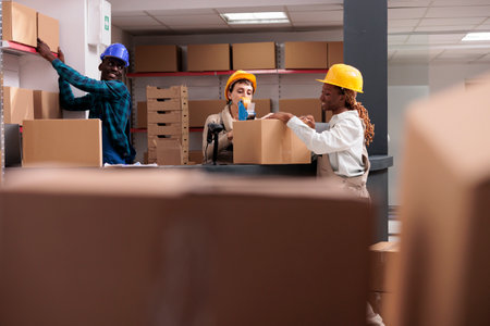 Shipping storage managers packing box with sticky tape for distribution. Diverse delivery department...