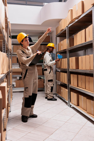 Storage employees coordinating shipping process and preparing boxes before transportation. Warehouse...