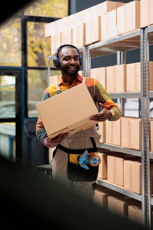 Storage room employee working at goods distribution, carrying cardboard boxes while listening music....