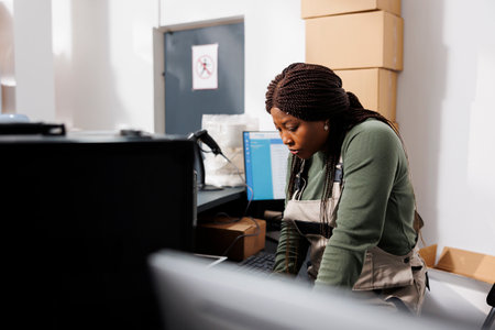 African american supervisor analyzing warehouse logistics on laptop computer, working at merchandise...