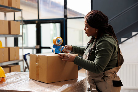Stockroom employee putting adhesive tape on carton box, preparing packages for shipping in storehouse. African american manager wearing industrial overall working at customers ordersの写真素材