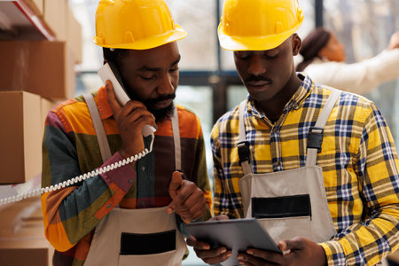 African american storehouse employees coordinating delivery schedule with logistics manager on landline telephone. Warehouse operator talking on phone and looking at digital tablet screenの写真素材