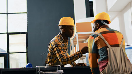 Young depot workers doing fist bump sign in storehouse, greeting each other at work. Team of people working in packs on racks and shelves, boxes of merchandise. Handheld shot.の写真素材