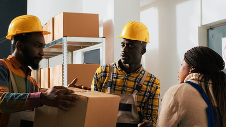 Warehouse employees preparing merchandise packs with depot supplies and storage room products. Team...