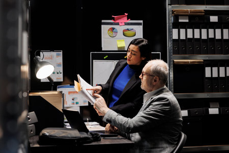 Business management coworking executives checking accountancy market database. Analysis paperwork in...