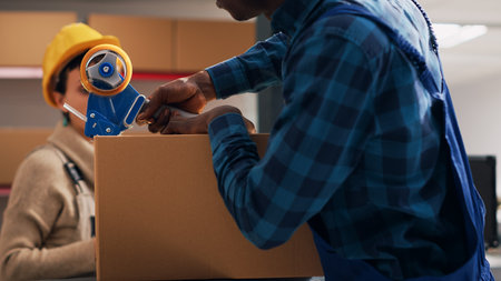 African american man putting adhesive tape on boxes, preparing order with warehouse merchandise in storage room. Male employee sealing off packages with products, delivery service.の写真素材