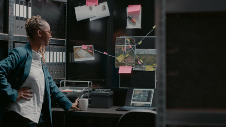 Woman detective analyzing evidence from forensics, looking at map with photos and case clues to solve crime. Private inspector examining security information in law agency office.の写真素材