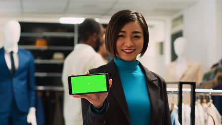 Asian woman holding isolated greenscreen display, showing chroma key template in clothing store. Female store employee using isolated blank mockup copyspace on mobile phone screen.の写真素材