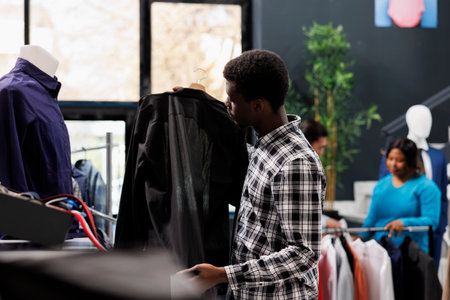 African american customer looking to buy formal shirt, checking merchandise fabric in clothing store. Stylish man shopping fashionable trendy clothes in modern boutique. Fashion conceptの写真素材