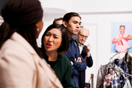Angry rude diverse shoppers arguing while waiting in line at fashion store entrance for Black Friday...
