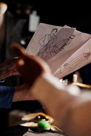 Close up of technical sketch representations of stylish bespoke sartorial pieces in atelier shop studio. Experienced couturiers coming up with ideas for upcoming luxury clothing collectionの写真素材
