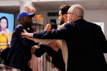 Angry aggressive shoppers pushing back security officer while shopping in clothing store during seasonal sales. People going crazy for Black Friday deals, fighting and arguingの写真素材