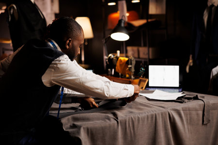 Precise craftmanship in tailoring studio by african american suitmaker cutting sartorial fabric before making handmade costume. Fashion designer working on bespoke client comissionの写真素材