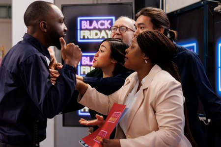 African American guy security guard talking with angry rude diverse people customers waiting for Black Friday shopping, police officer patrolling retail store entrance during seasonal salesの写真素材
