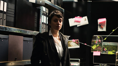 Woman inspector planning detective work, analyzing classified evidence and surveillance photos to...