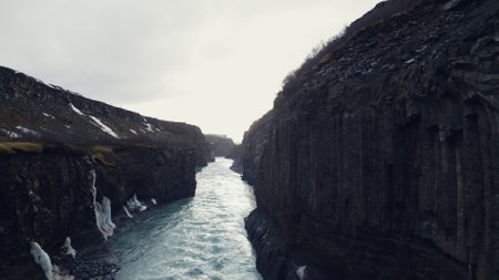 Aerial view of gullfoss cascade canyon, majestic nordic landscape with water stream and massive...