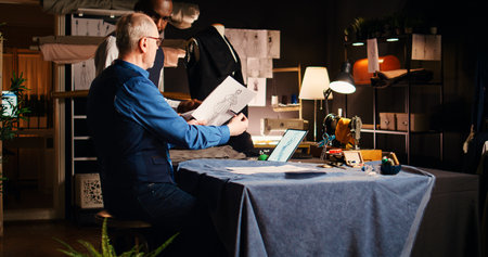 Old couturier teaching pupil skills to design luxury clothing items, manufacturing process. Apprentice and senior tailor checking sketches of clothes models in atelier. Handheld shot.の写真素材