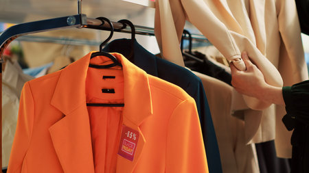 Big sale discount tag on clothing item in fashion outlet, woman buying clothes at discounted prices on black friday. Shopper searching for bargains in retail store. Handheld shot. Close up.の写真素材