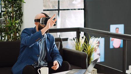 Analyst creating 3d project with vr headset, plnning development strategy with interactive vision...