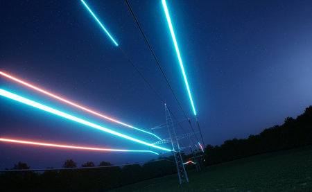 Energy stream flowing through steel tower high voltage power lines over night sky. Electric cables...