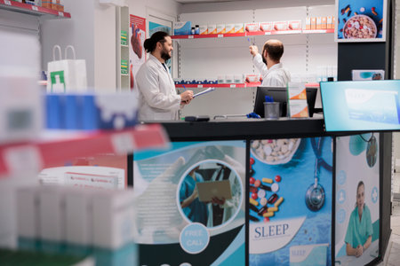 Pharmacy workers looking at drugs packages while working at pills inventory in drugstore....