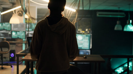 Group of thieves working with dark web to do illegal phishing on online network, trying to steal information illegally. Team of hackers breaking into server for cyberwarfare. Handheld shot.の写真素材