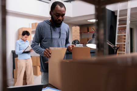 Storehouse supervisor preparing customers orders putting products in cardboard boxes, checking...
