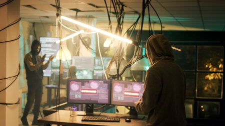 Diverse people applauding young hacker about cyberwarfare success, celebrating illegal activity achievement at night. Cyber criminals feeling happy about successfully stealing government data.の写真素材
