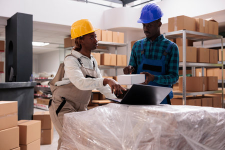 Storehouse managers discussing box choice for buyer order. Shipping service employee pointing at...