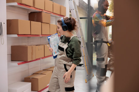 Warehouse employee working at products delivery, looking at shelves full with cardboard boxes. Storage room supervisor listening music while checking customers shipping details in storehouseの写真素材