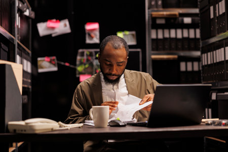 African american police detective searching evidence in crime case file. Private investigator...