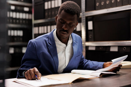 African american officer analyzing police report, searching for new clues trying to catch mysterious suspect. Private detective working overhours at crime case, checking evidene in arhive roomの写真素材