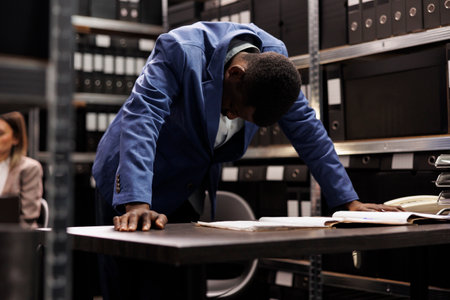 Thoughtful detective working in arhive room, analyzing crime scene evidence late at night in arhive room. Private investigation checking victim report searching for mysterious suspect filesの写真素材
