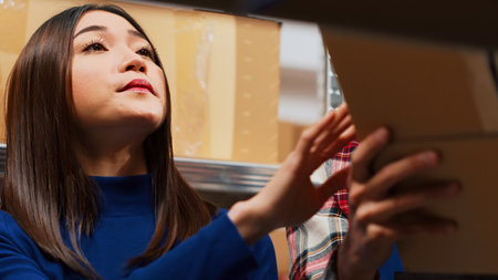 Team of people organizing products on shelves, putting cardboard boxes on racks and checking inventory. Man and woman using laptop to follow up order shipment, small business concept. Handheld shot.の写真素材