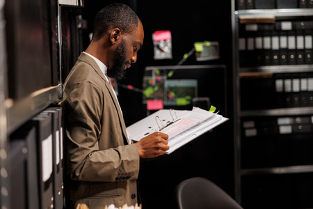 African american detective standing near shelf wit folders, reading police archival records. Investigator studying witness statements and forensic expertise report files in office at night timeの写真素材