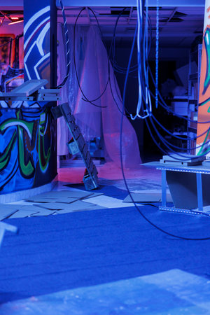 Rusty abandoned warehouse covered in graffiti art, artwork illuminated by purple fluorescent bright lights. Urban neglected ghetto filled with garbage, damaged messy building with neon lights.の写真素材