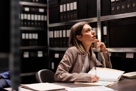 Manager talking at landline phone with remote bookkeeper, discussing accountancy report in storage...