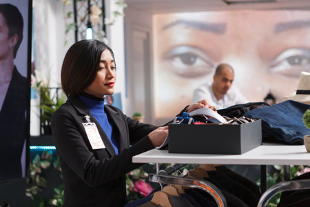 Smiling asian woman seller managing clothing store, checking accessory on garment display shelf. Department shopping center boutique assistant examining ties and belts for saleの写真素材
