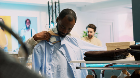 Male retail customer picking up clothes from racks, looking at department store merchandise to buy on discount. Young adult visiting shopping mall as client, commercial activity. Handheld shot.の写真素材