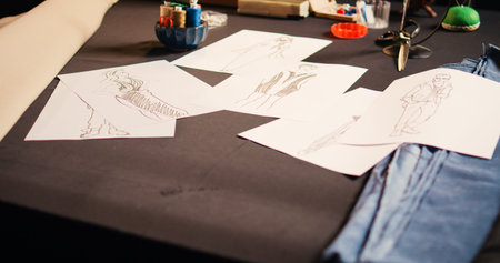 Empty atelier with tools and designs, modern handmade services with tailoring equipment and crafting fabric. Tailor sewing shop with workstation and instruments, small business. Close up.の写真素材