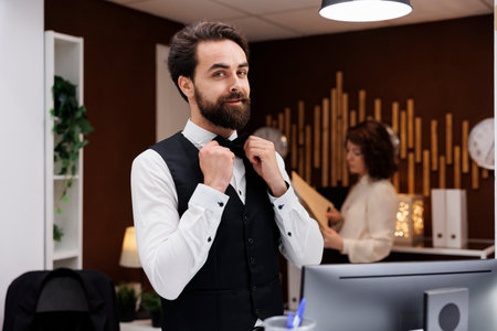 Young worker at hotel reception counter welcoming guests at arrival, helping with check in process and room reservations. Receptionist providing luxury service and hospitality in modern resort.の写真素材