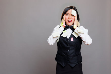 Overloaded stressed restaurant waitress with sticky notes on face and hands studio portrait. Overworked cafe employee in uniform having burnout, panicking and looking at cameraの写真素材