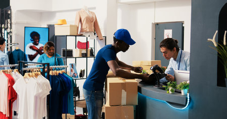 African american courier putting worker to sign delivey report, discussing customers shipping...