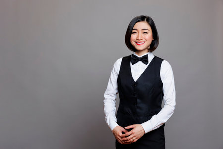 Smiling asian restaurant waitress wearing black and white uniform standing and looking at camera....