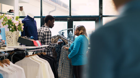African american couple looking at stylish merchandise, checking clothes fabric in clothing store. Smiling customers enjoying shopping session, buying trendy outfits and accessories in modern boutiqueの写真素材